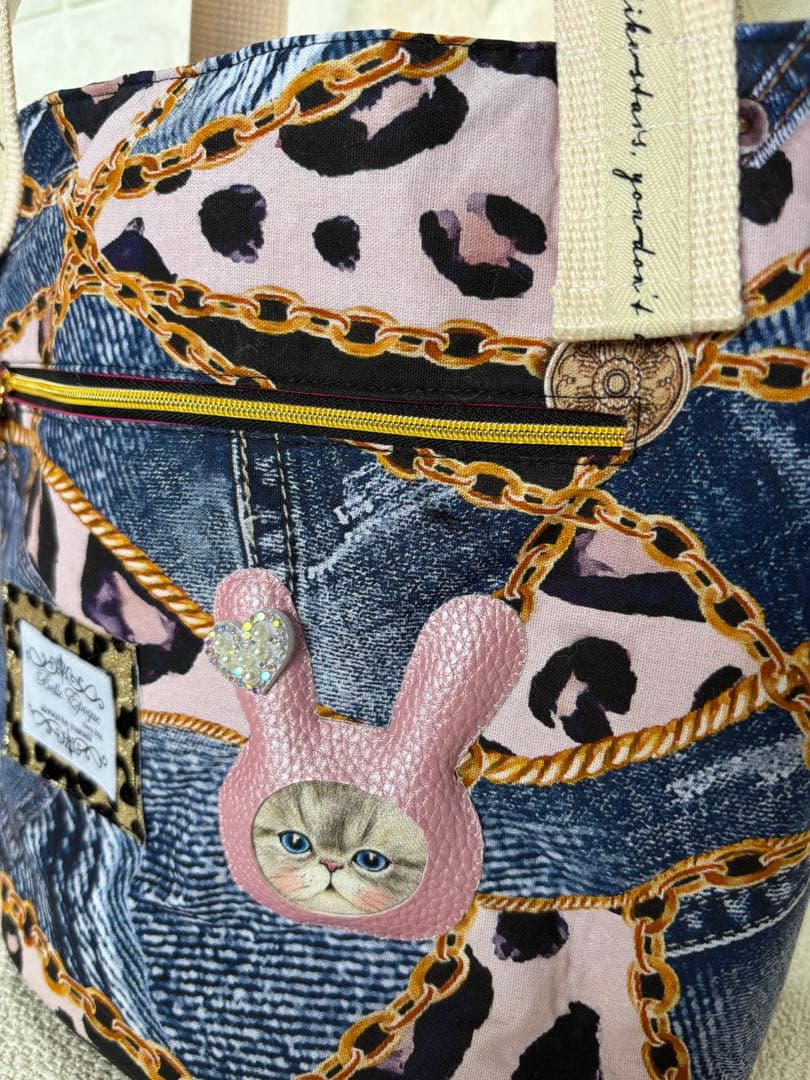 ト*助様 コヤンイサムチョン　ハンドメイド　丸底トートバッグ　デニムヒョウ柄　ル