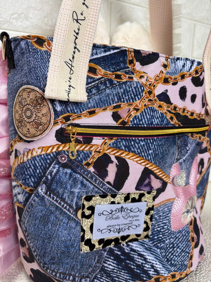 ト*助様 コヤンイサムチョン　ハンドメイド　丸底トートバッグ　デニムヒョウ柄　ル