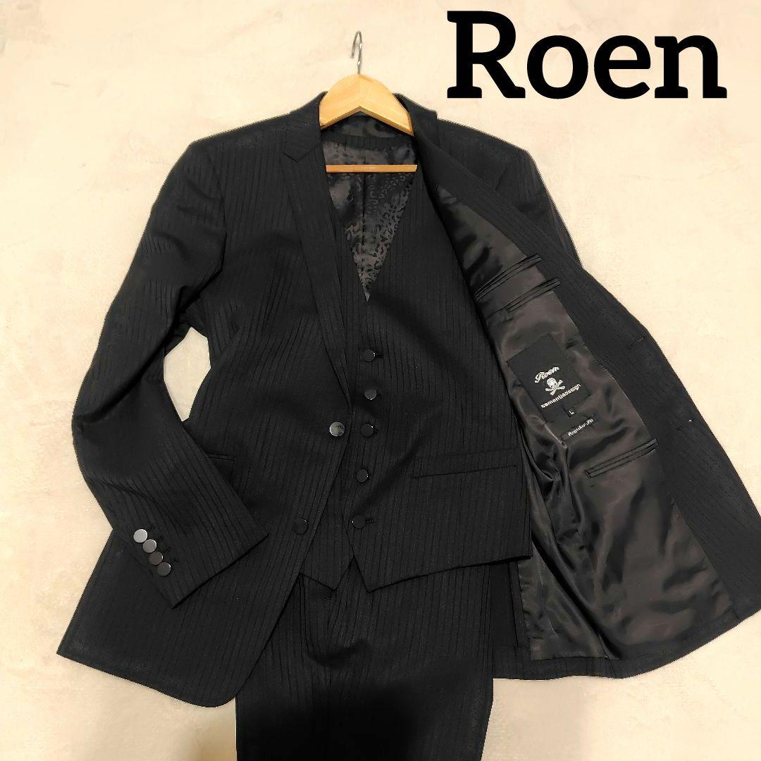 美品　ロエン　スリーピースセットアップスーツ　ドクロ　総柄　L ストライプ　黒