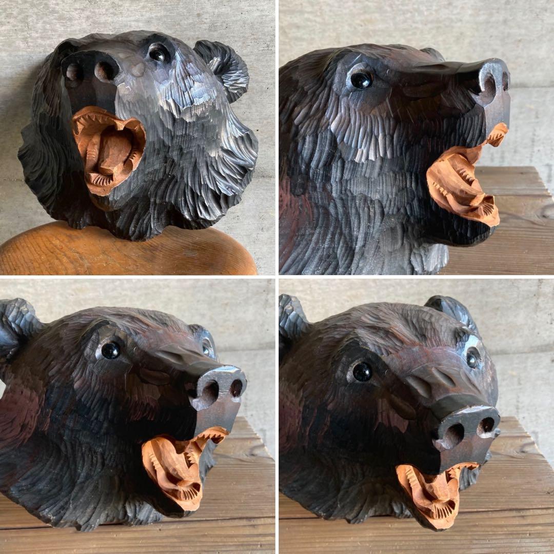 熊 ベア 壁掛け 置物 木製 木彫り 彫刻 顔 面 大型 動物 工芸品 レトロ