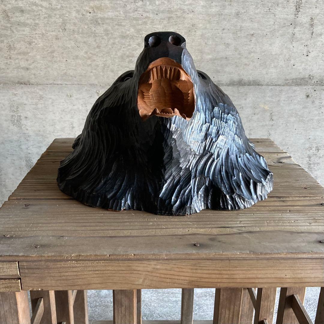 熊 ベア 壁掛け 置物 木製 木彫り 彫刻 顔 面 大型 動物 工芸品 レトロ