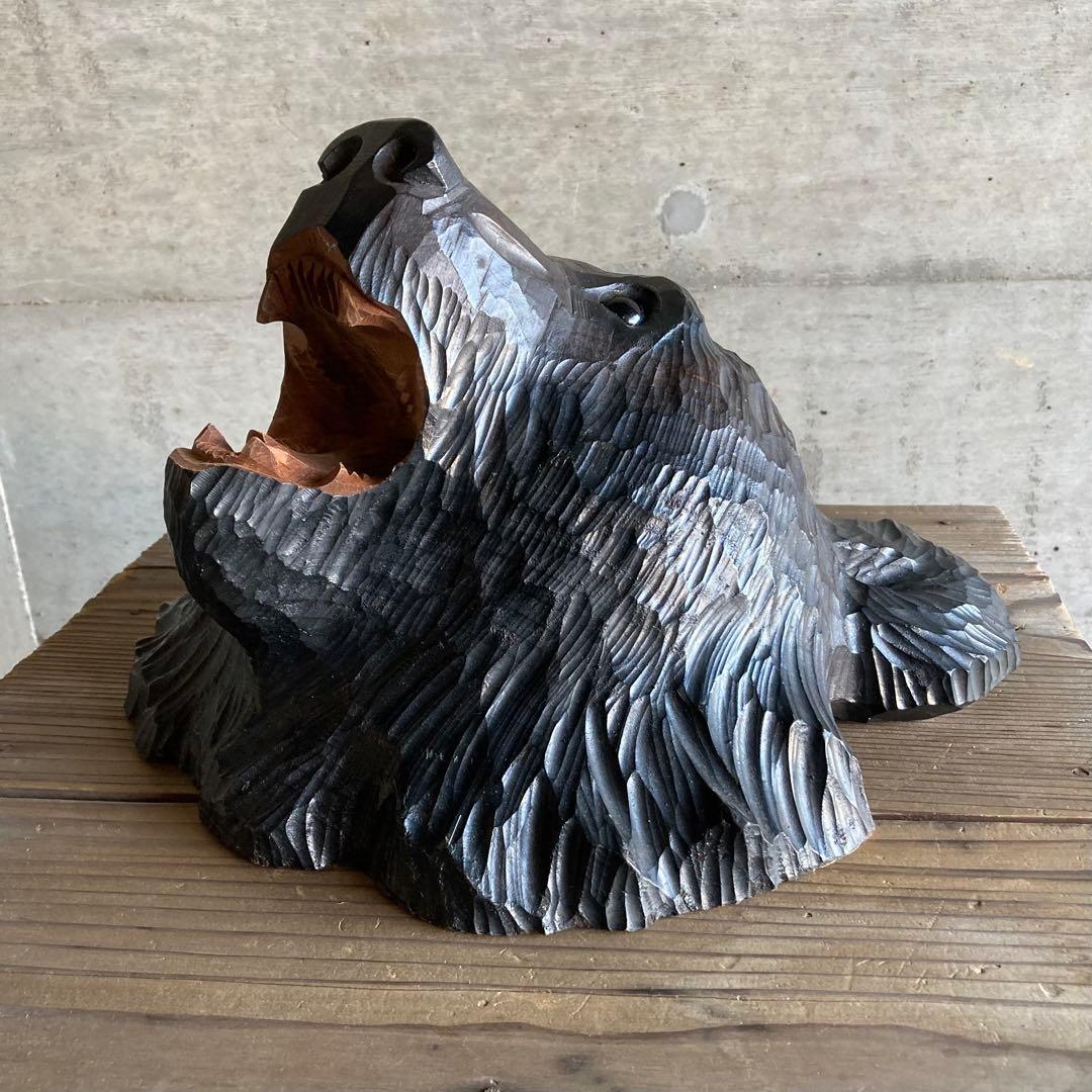 熊 ベア 壁掛け 置物 木製 木彫り 彫刻 顔 面 大型 動物 工芸品 レトロ