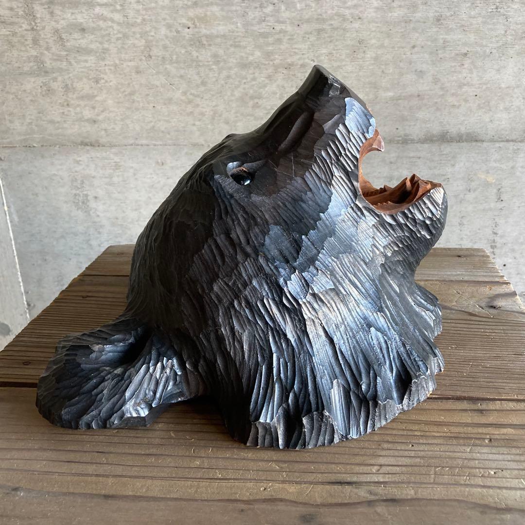 熊 ベア 壁掛け 置物 木製 木彫り 彫刻 顔 面 大型 動物 工芸品 レトロ