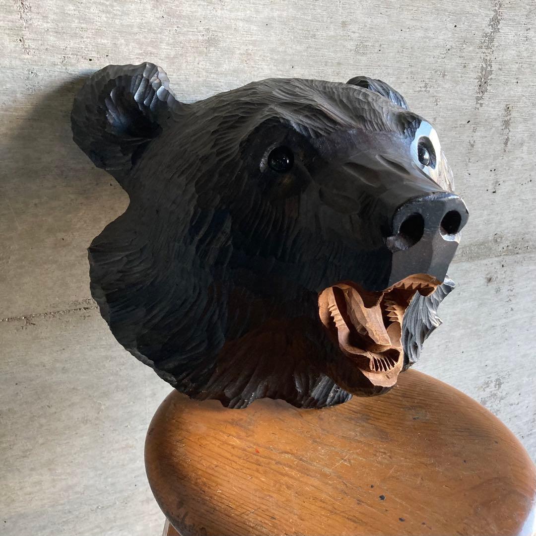 熊 ベア 壁掛け 置物 木製 木彫り 彫刻 顔 面 大型 動物 工芸品 レトロ
