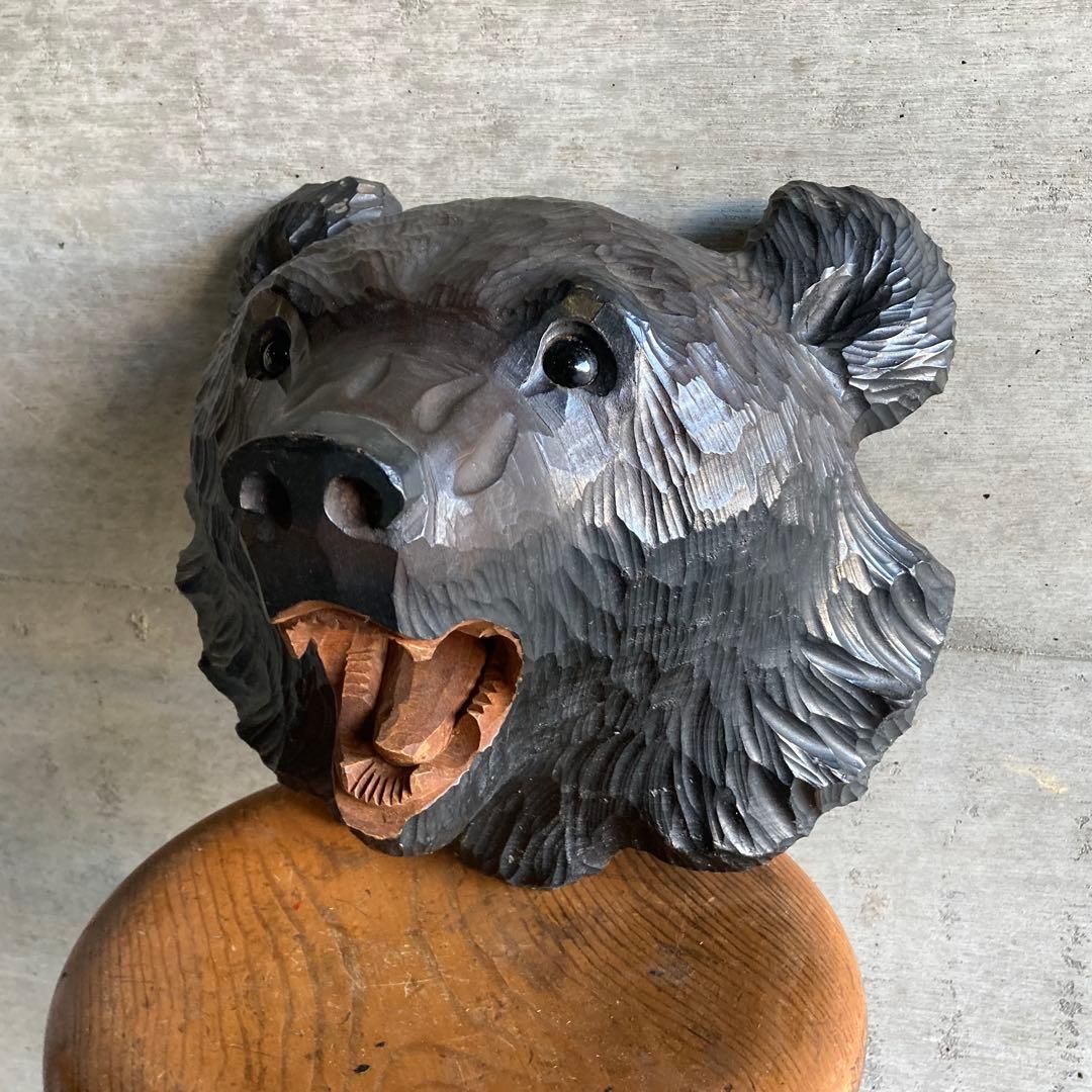 熊 ベア 壁掛け 置物 木製 木彫り 彫刻 顔 面 大型 動物 工芸品 レトロ