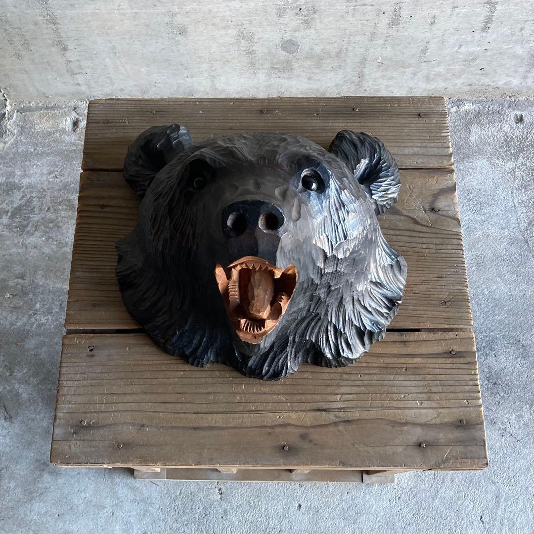 熊 ベア 壁掛け 置物 木製 木彫り 彫刻 顔 面 大型 動物 工芸品 レトロ
