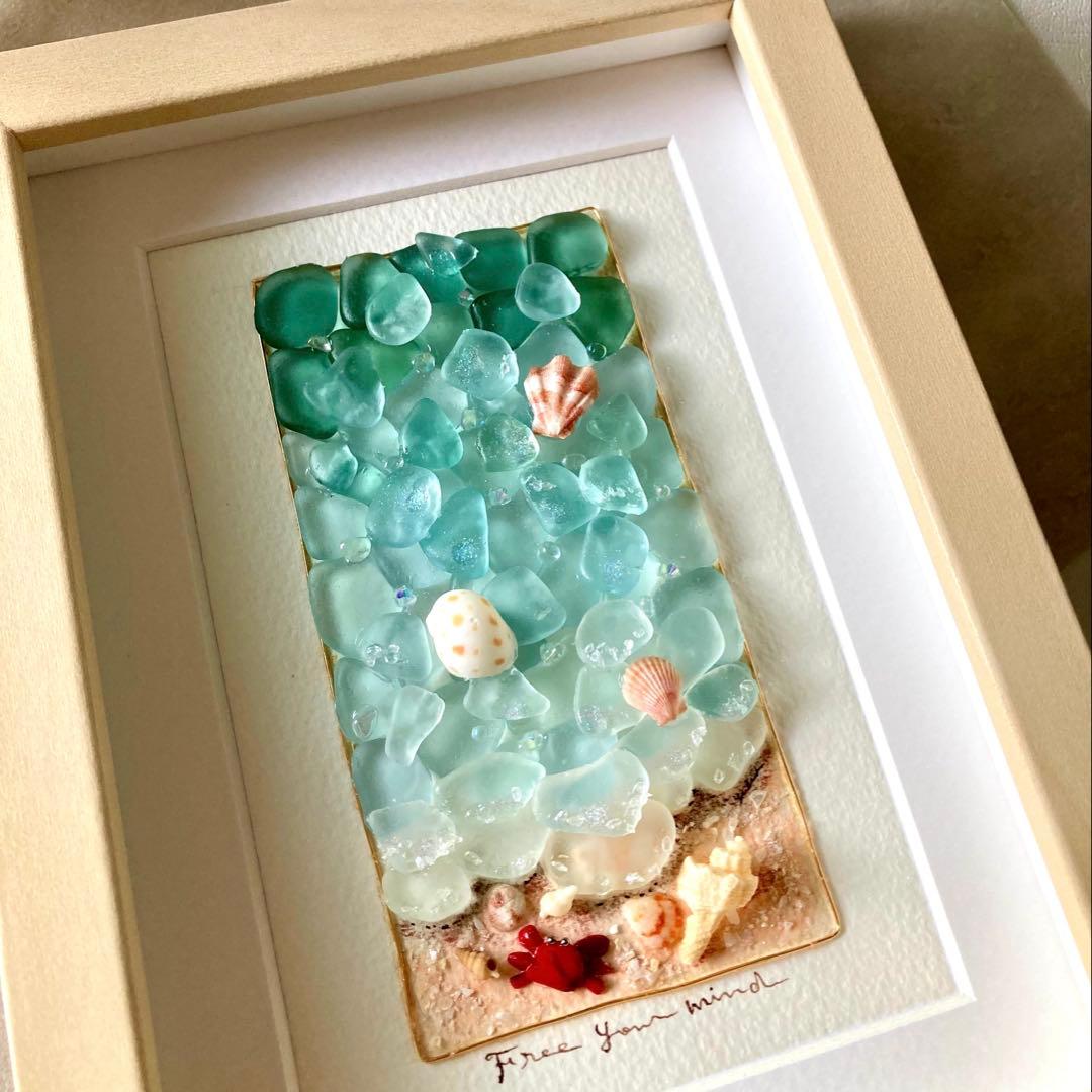 海の詩　シーグラス／天然石／フレームアート／夏／ブルー／貝殻