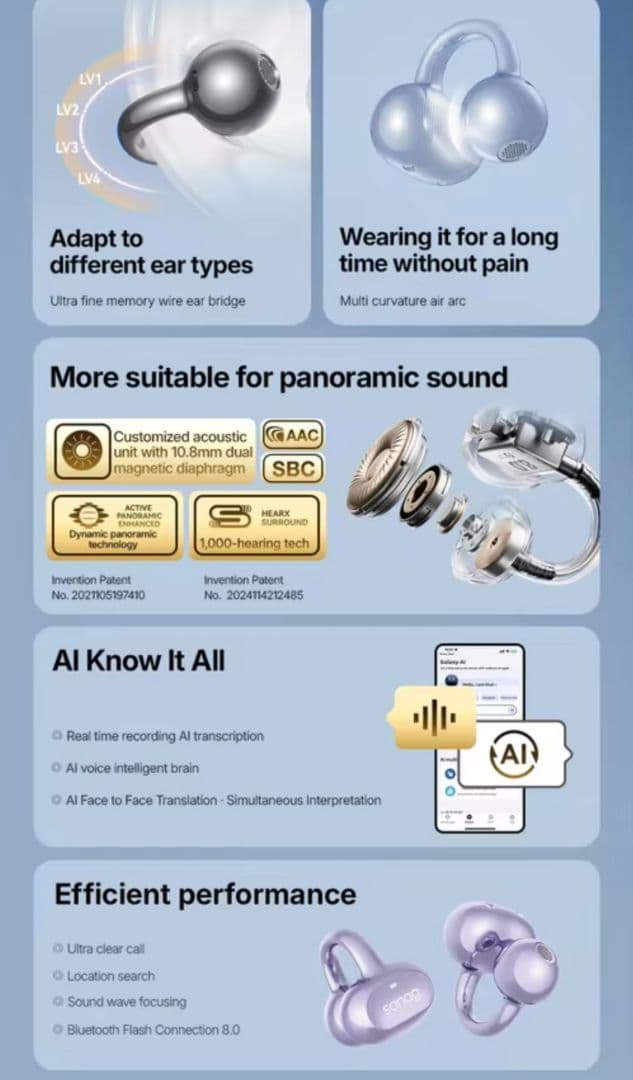 sanag S8S AI ワイヤレスイヤホン ブルー