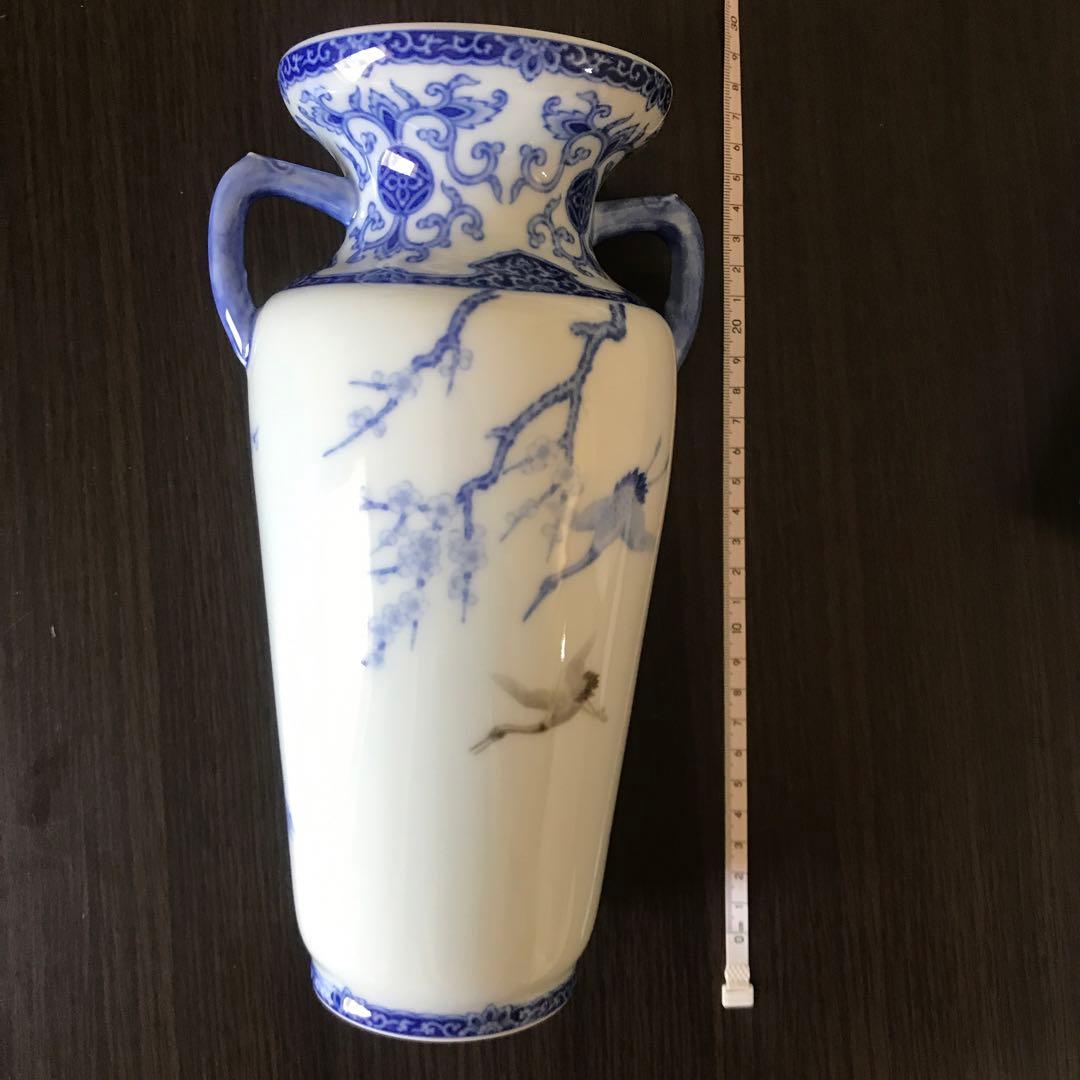 青白陶器 花瓶 鶴柄　香蘭社