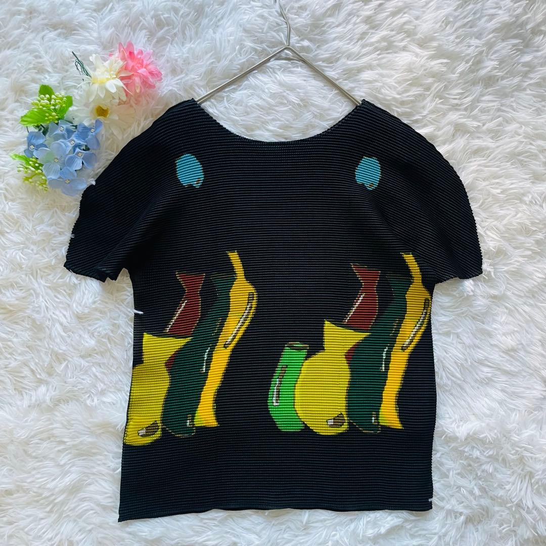 【美品】イッセイミヤケ me ミー ボトルプリント 半袖 プリーツ カットソー