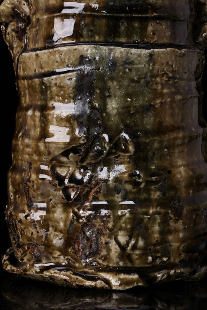 【塚本治彦】美濃伊賀花生 共箱 落款 略歴付 花器 花瓶 花入 壺 美濃 伊賀焼