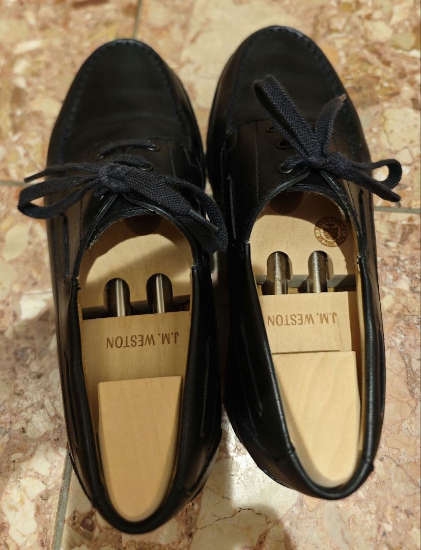 J.M. Weston 黒 レースアップ デッキシューズ