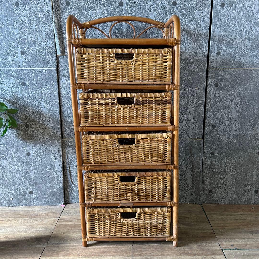 ꧁籐家具꧂ 5段ラタンランドリーチェスト ラック バスケット 収納家具