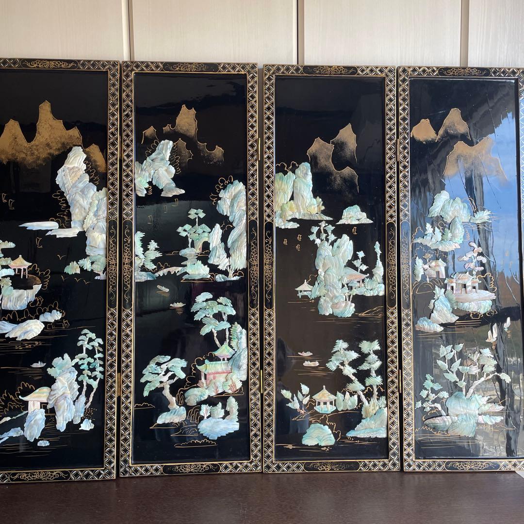 貝殻細工の風景画屏風 4つ折り