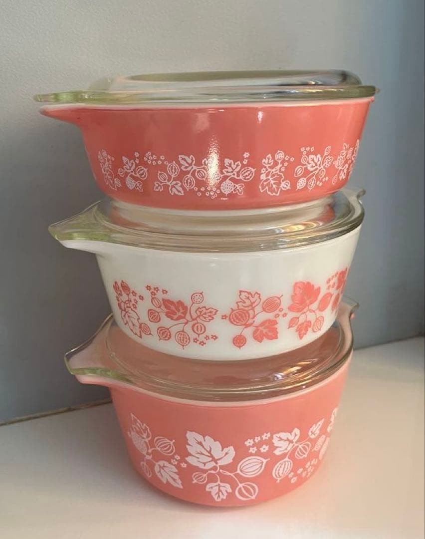 PYREX パイレックス　グースベリー　キャセロール3点　ピンク　耐熱ガラス