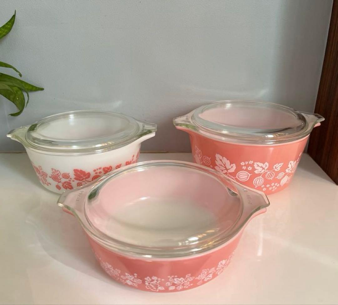 PYREX パイレックス　グースベリー　キャセロール3点　ピンク　耐熱ガラス