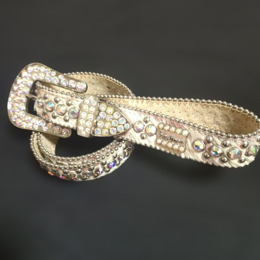 b.bsimonスワロフスキークリスタル装飾 ベルト美品オフホワイトはらこレザー