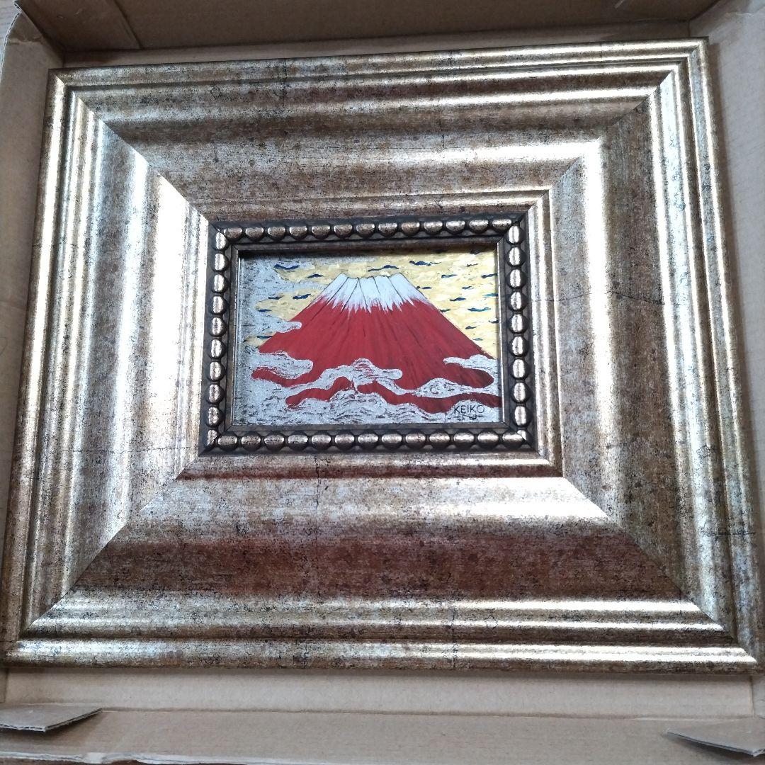 KEIKO 赤富士山 油彩画 金色フレーム