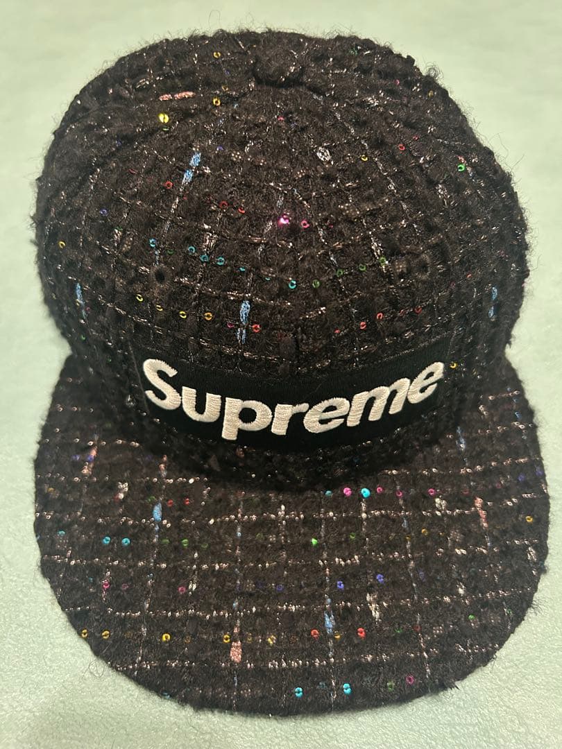 Supreme 黒 キャップ ツイード風