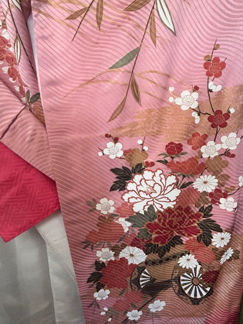 比翼付き 振袖 藤×雲取り 花車 金彩 ピンク×藤色 身丈155 裄64