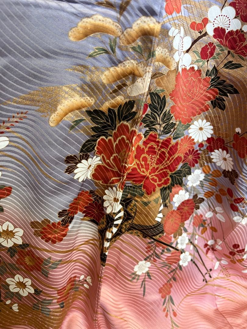 比翼付き 振袖 藤×雲取り 花車 金彩 ピンク×藤色 身丈155 裄64