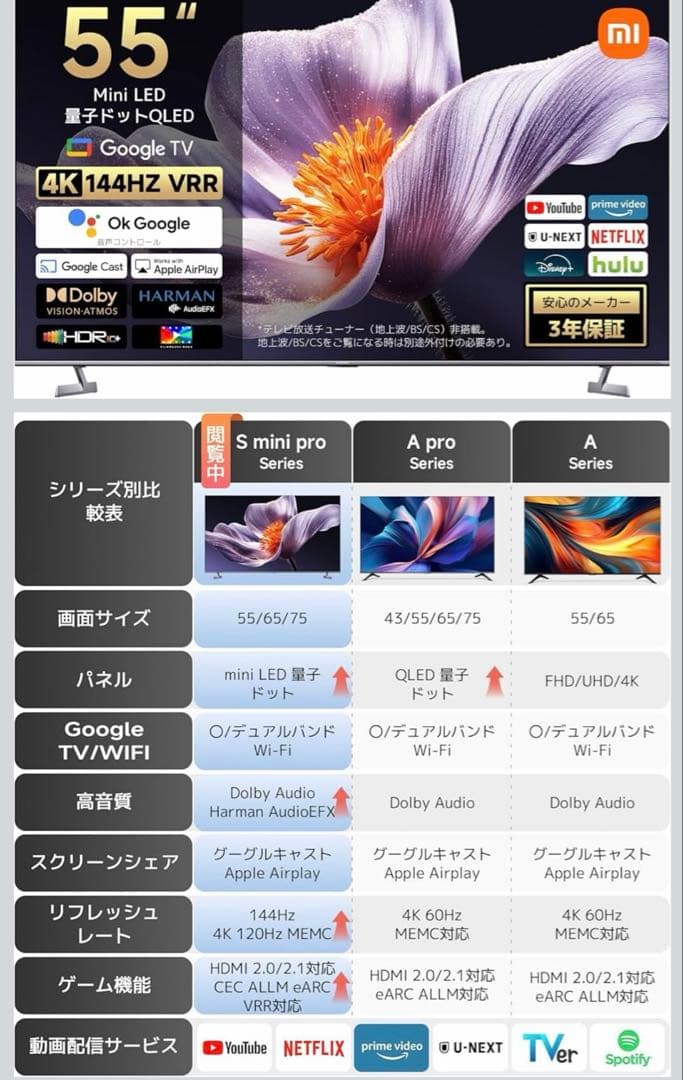 10/11限定 XiaomiA Pro 55インチ 4K チューナーレステレビ