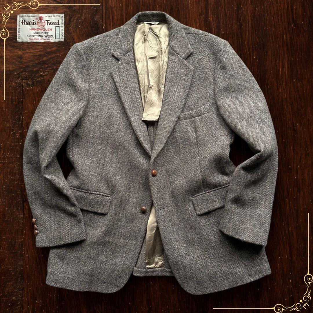 80s USA製 ハリスツイード テーラードジャケット ブラウン ヴィンテージ