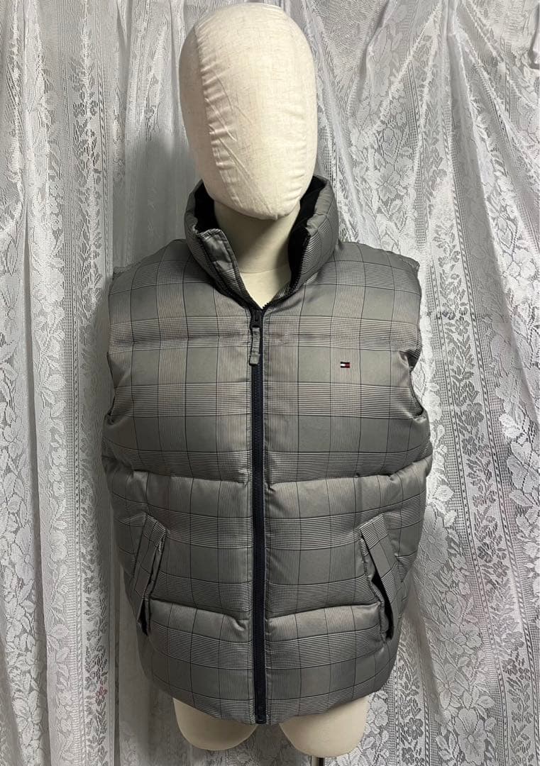   ダウンベスト　肉厚　刺繍ロゴ　チェック柄　XL