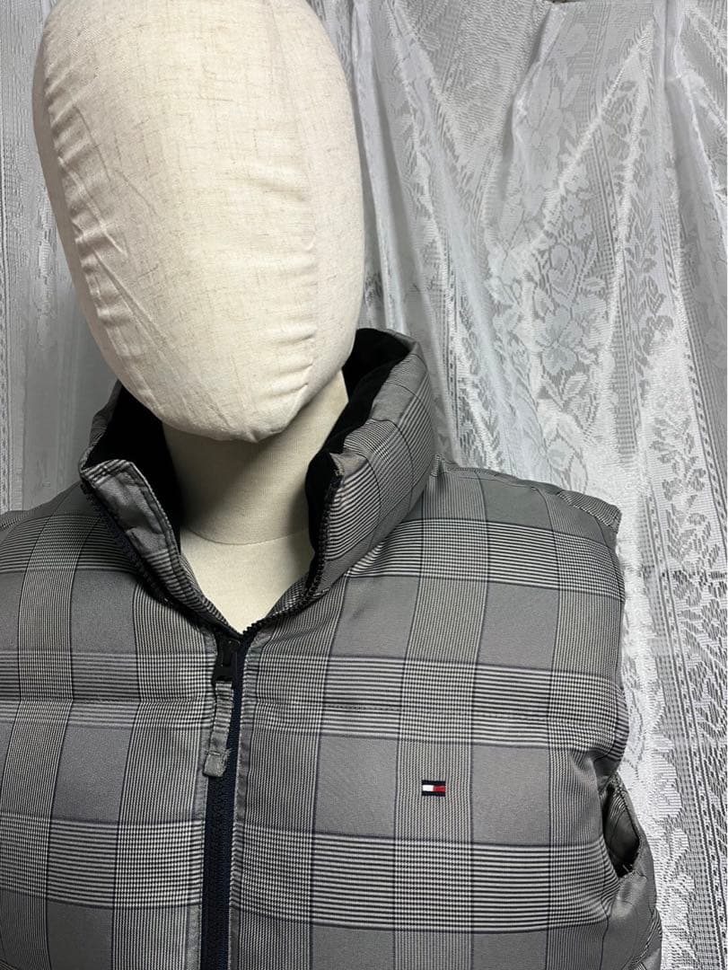   ダウンベスト　肉厚　刺繍ロゴ　チェック柄　XL