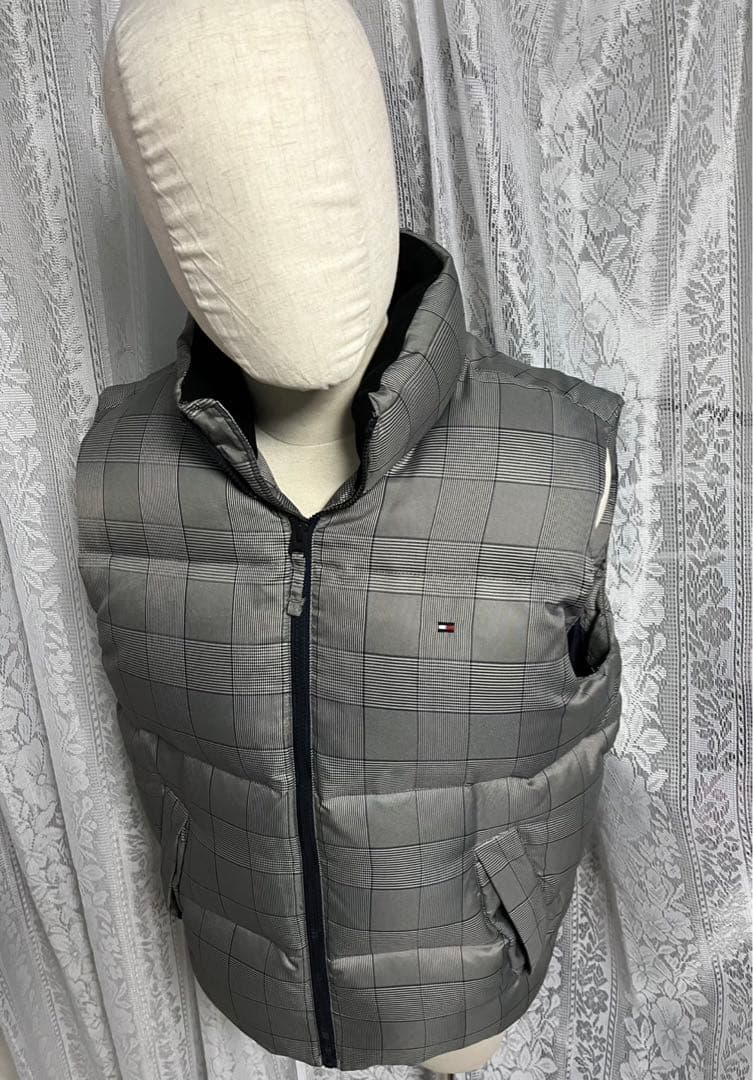   ダウンベスト　肉厚　刺繍ロゴ　チェック柄　XL