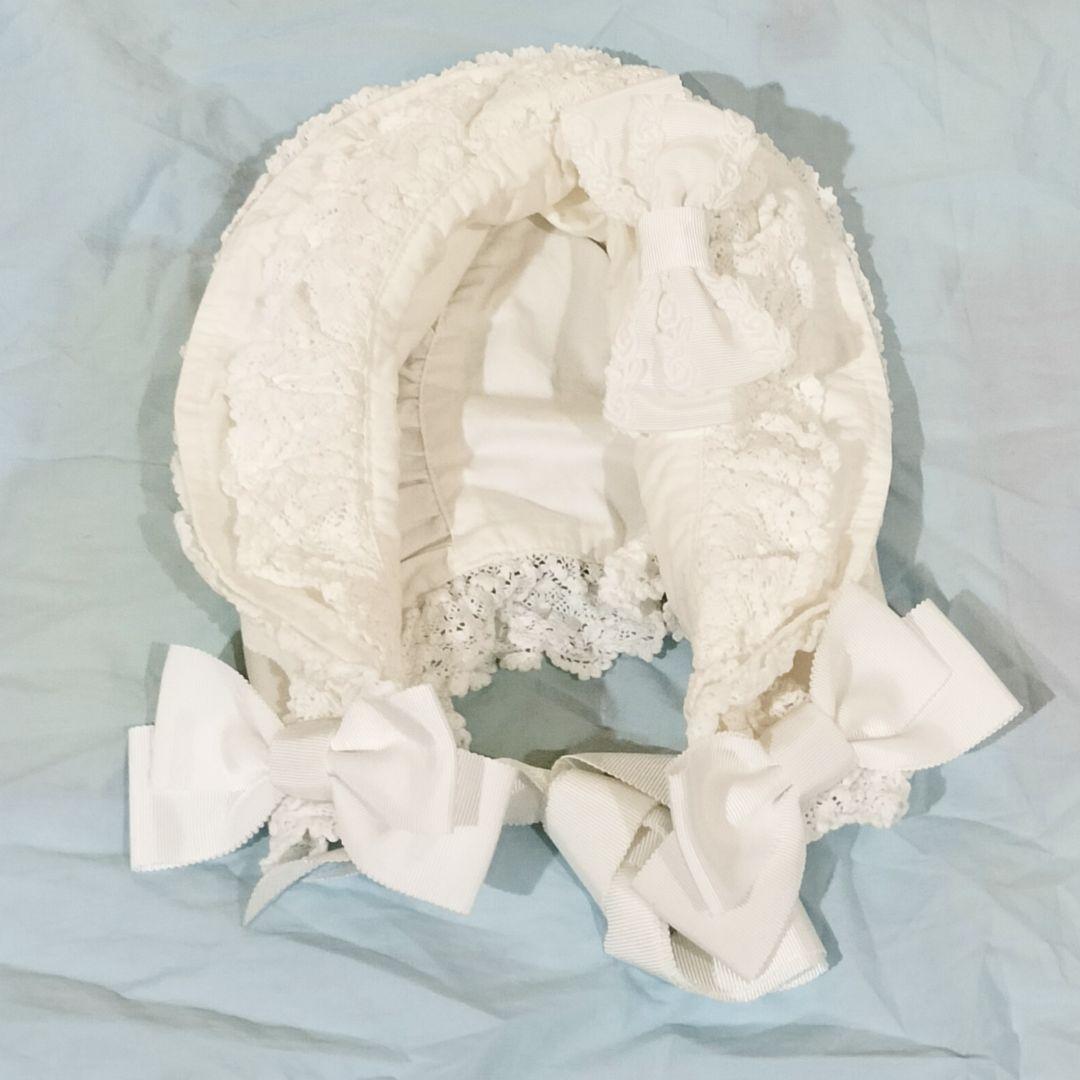 BABY トーションレースのフルボンネット オフ白 ホワイト 白