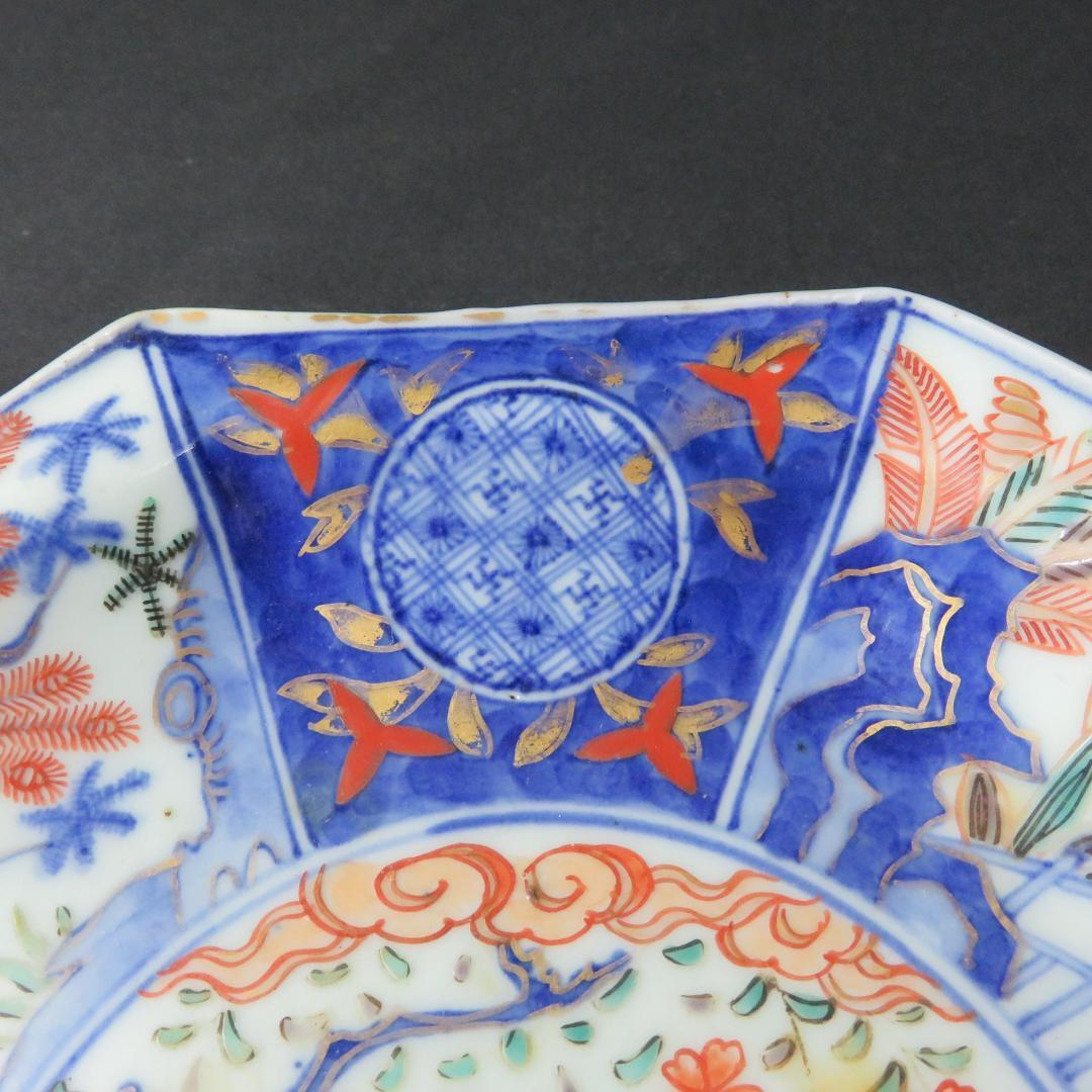 八角皿 色絵 古伊万里 染錦 富貴長春 木箱 江戸 庭景 中皿