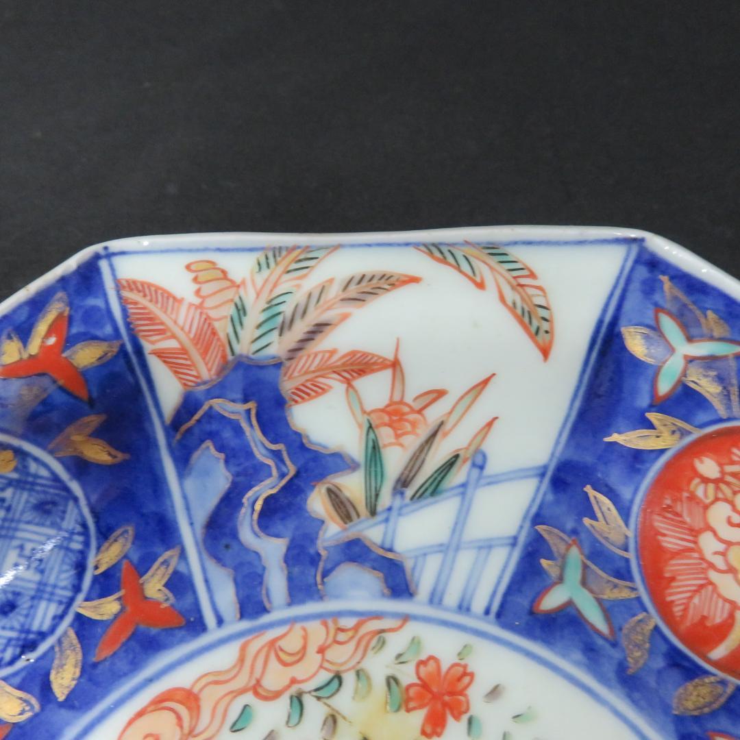 八角皿 色絵 古伊万里 染錦 富貴長春 木箱 江戸 庭景 中皿