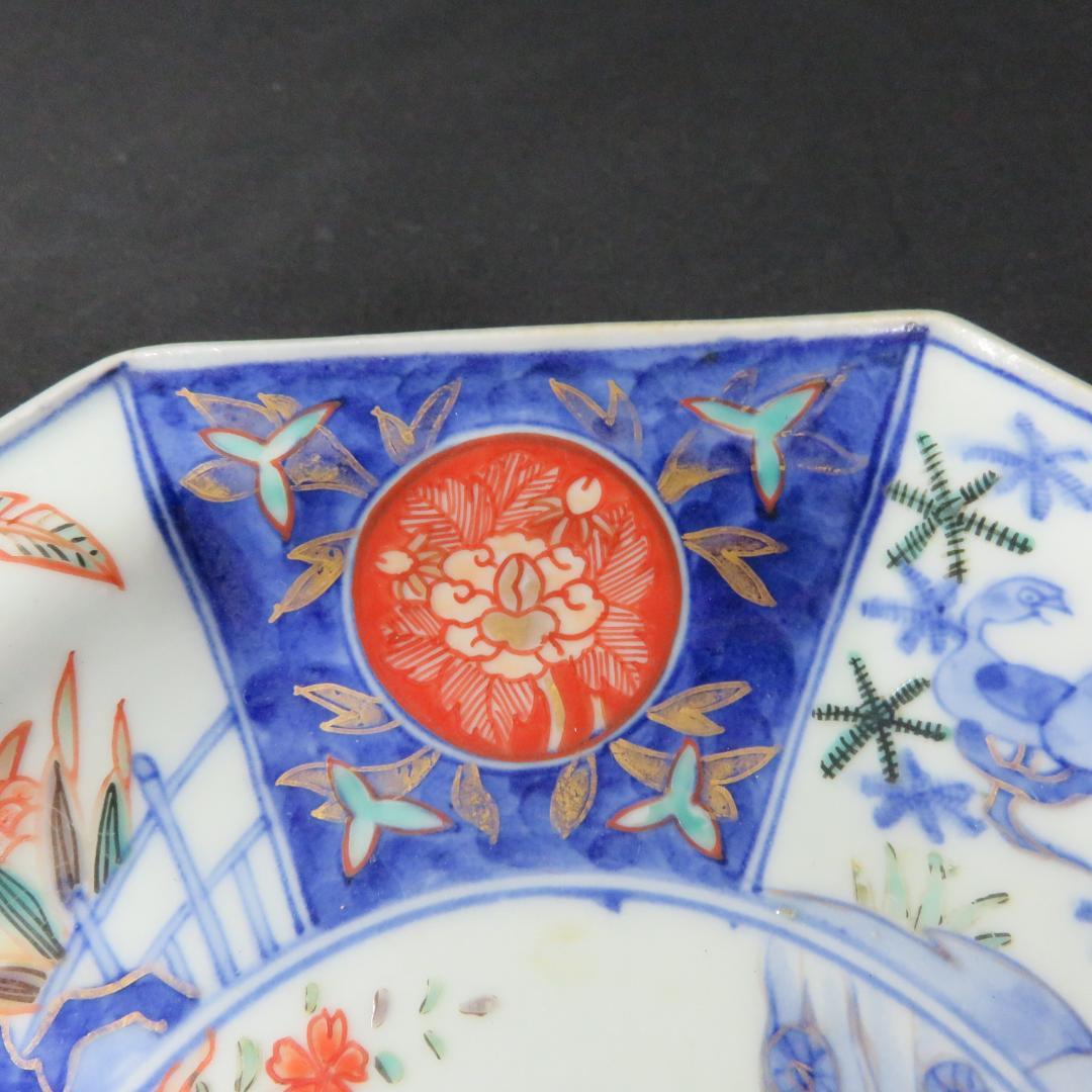 八角皿 色絵 古伊万里 染錦 富貴長春 木箱 江戸 庭景 中皿