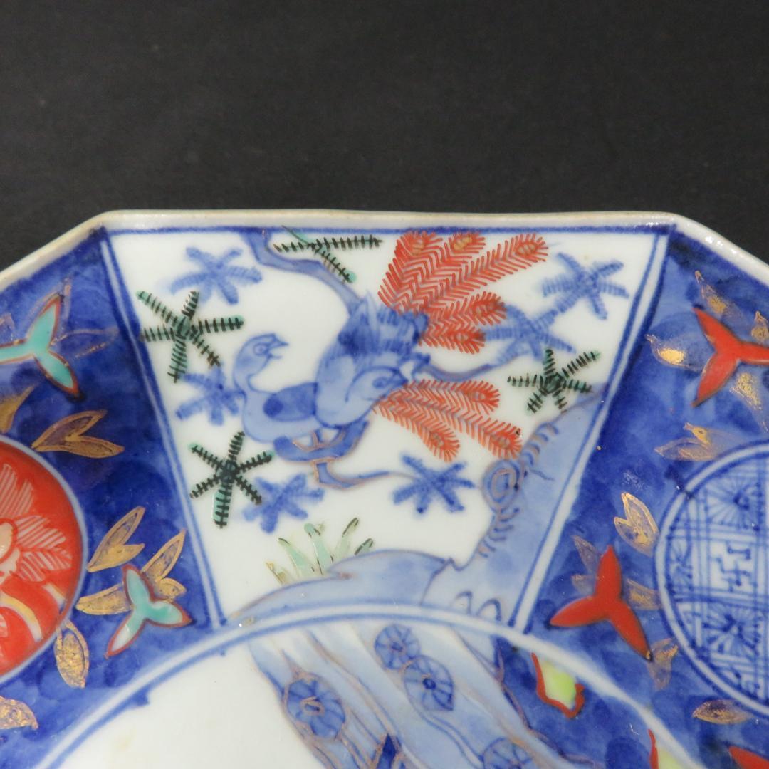 八角皿 色絵 古伊万里 染錦 富貴長春 木箱 江戸 庭景 中皿