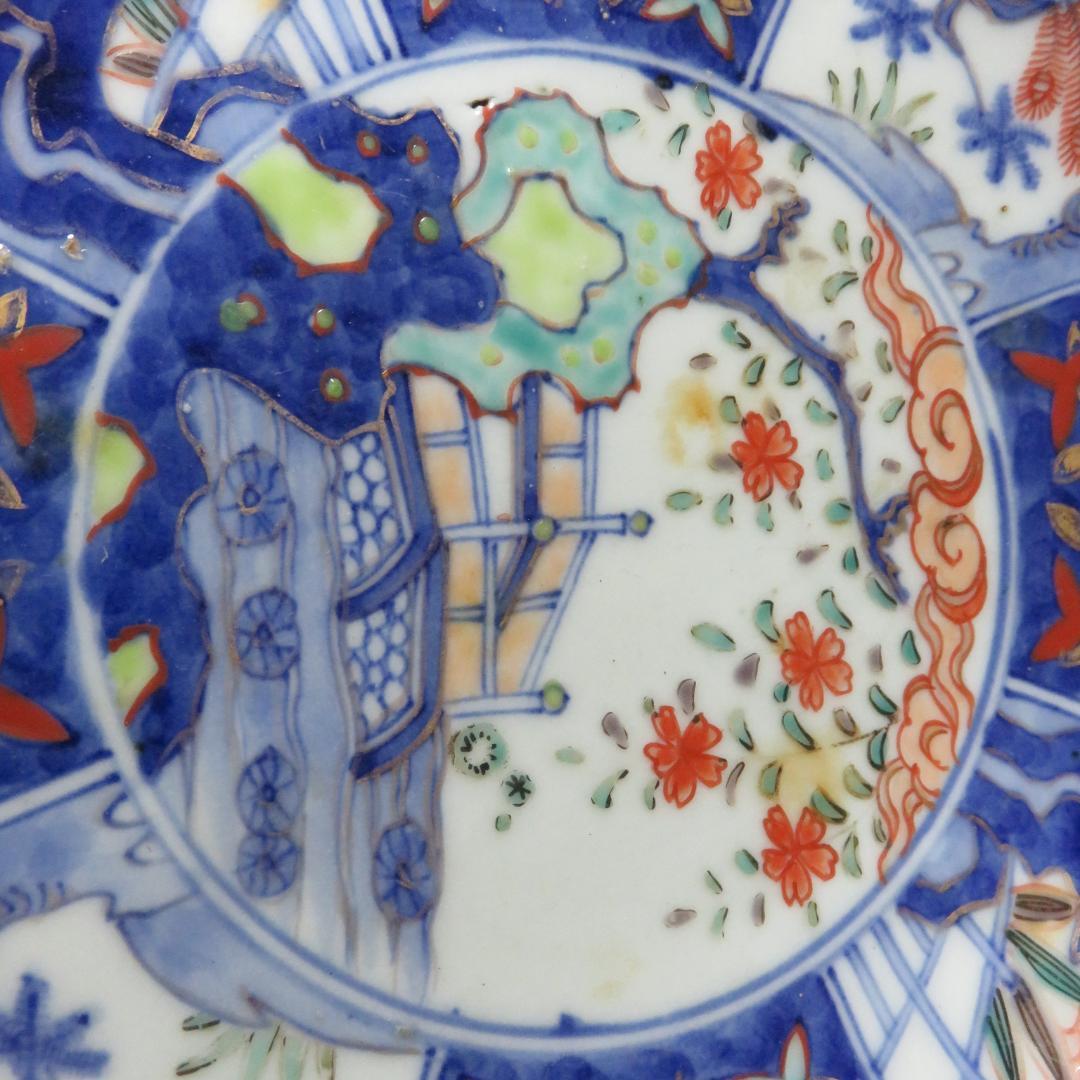 八角皿 色絵 古伊万里 染錦 富貴長春 木箱 江戸 庭景 中皿