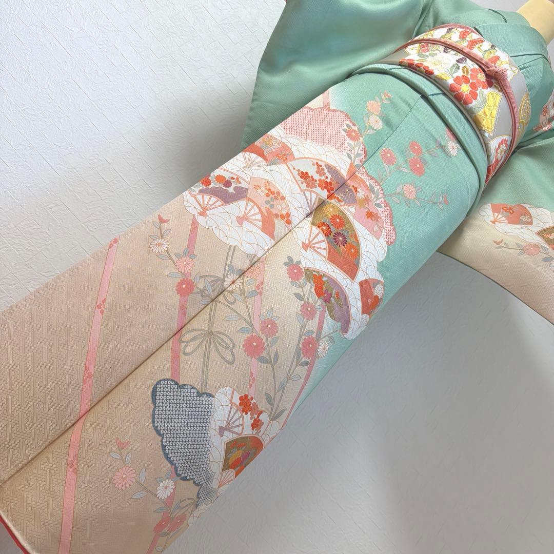 492 訪問着フルセット 正絹 ミントグリーン 淡緑 金彩 暈し染め フォーマル