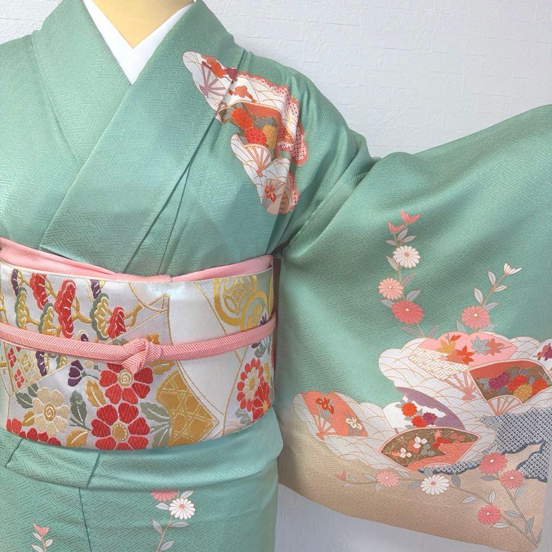 492 訪問着フルセット 正絹 ミントグリーン 淡緑 金彩 暈し染め フォーマル