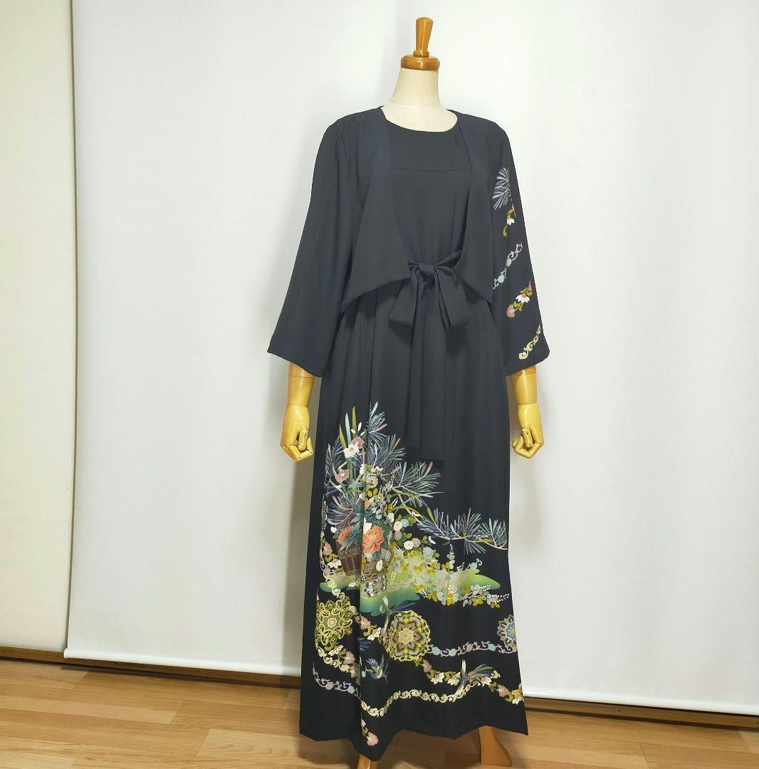 ★黒留袖アンサンブル*ノースリーブワンピース+ボレロ*着物リメイク正絹M〜L㊾