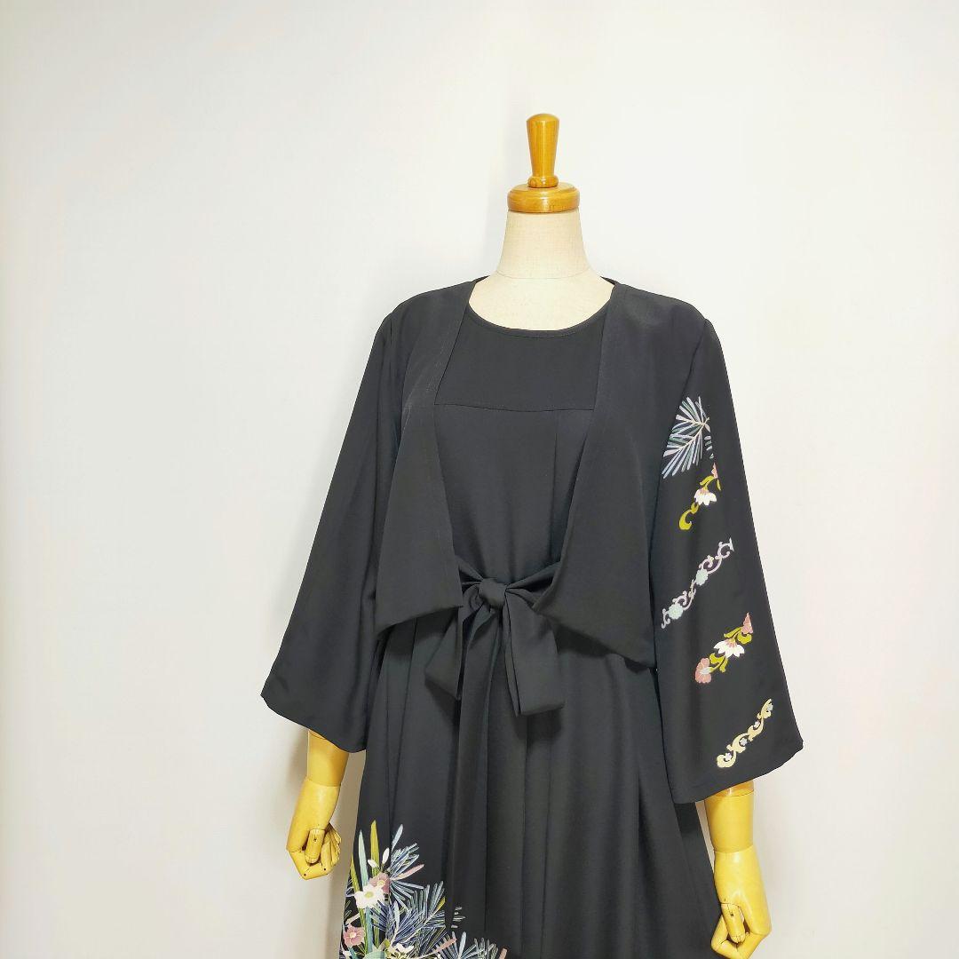 ★黒留袖アンサンブル*ノースリーブワンピース+ボレロ*着物リメイク正絹M〜L㊾