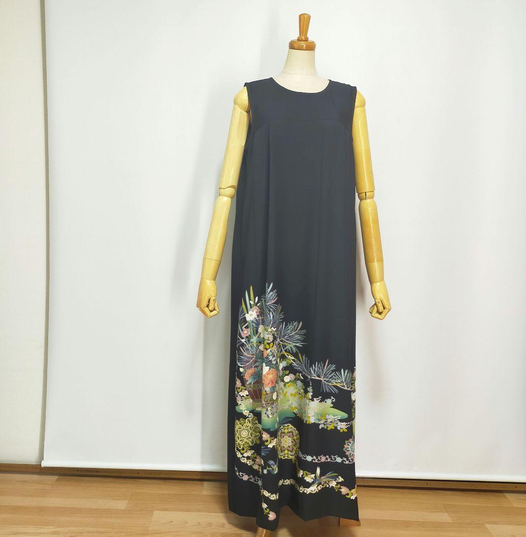 ★黒留袖アンサンブル*ノースリーブワンピース+ボレロ*着物リメイク正絹M〜L㊾