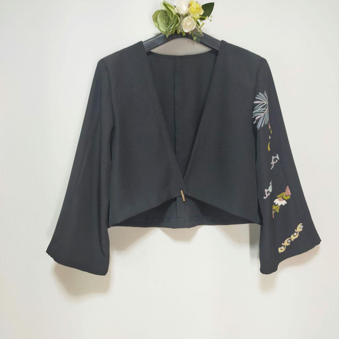 ★黒留袖アンサンブル*ノースリーブワンピース+ボレロ*着物リメイク正絹M〜L㊾
