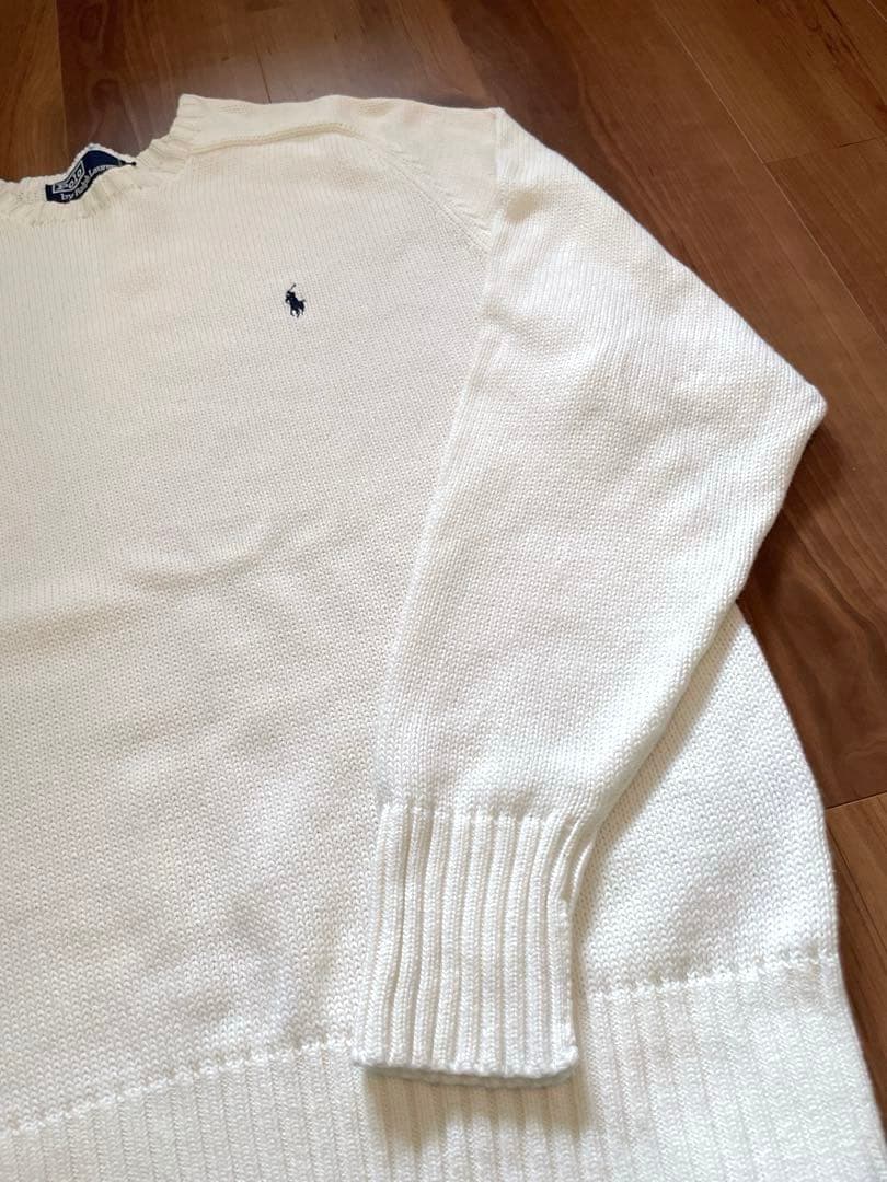 90sポロラルフローレン 刺繍ロゴ ホワイト コットンニット 正規代理タグ L