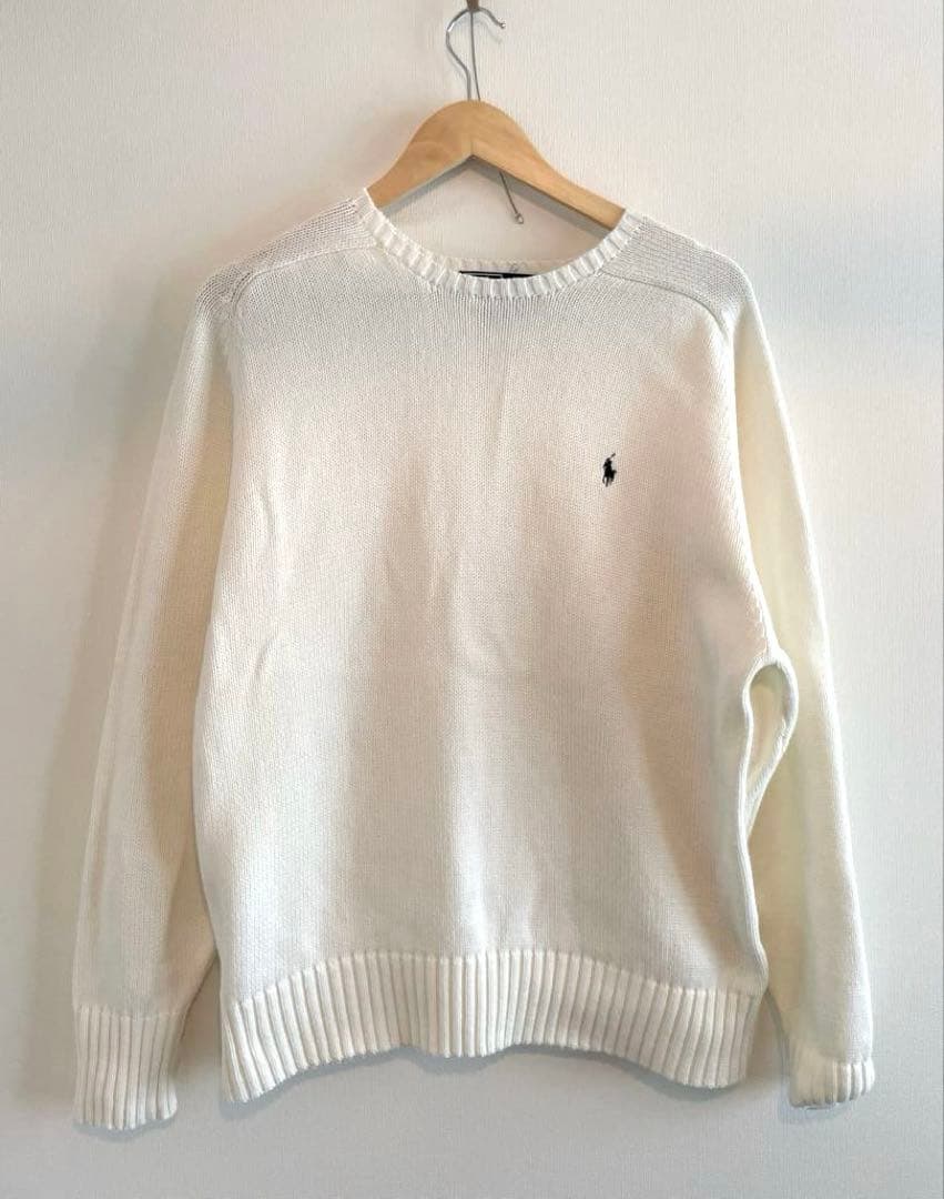 90sポロラルフローレン 刺繍ロゴ ホワイト コットンニット 正規代理タグ L