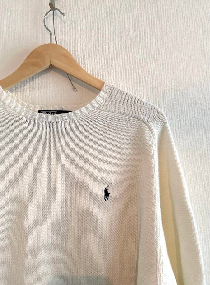 90sポロラルフローレン 刺繍ロゴ ホワイト コットンニット 正規代理タグ L