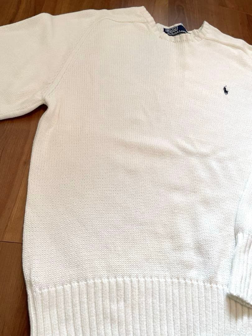 90sポロラルフローレン 刺繍ロゴ ホワイト コットンニット 正規代理タグ L