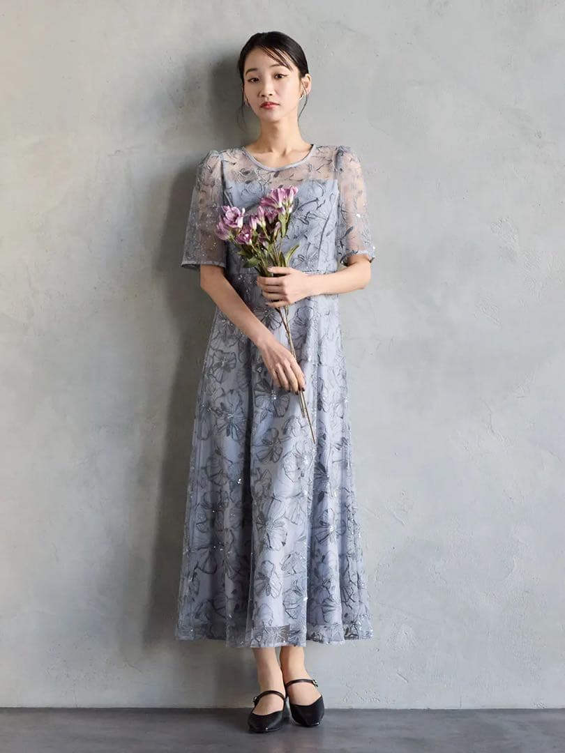 【AIMER】 ビオラモチーフスパンコール刺繍ドレス