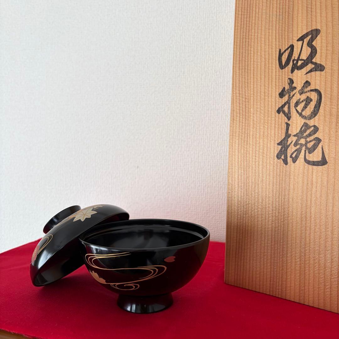 輪島塗椀 5客セット 金色と赤色の花模様