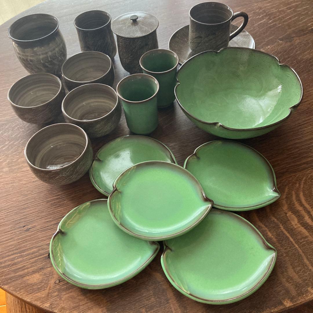 現川焼　臥牛窯　食器　まとめ　珈班碗皿　湯呑　菓子鉢　小皿　茶道具　16点