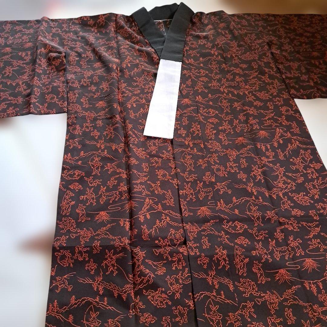 【丸洗い済】正絹 鳥獣戯画 長襦袢 黒字に朱赤 半衿付き